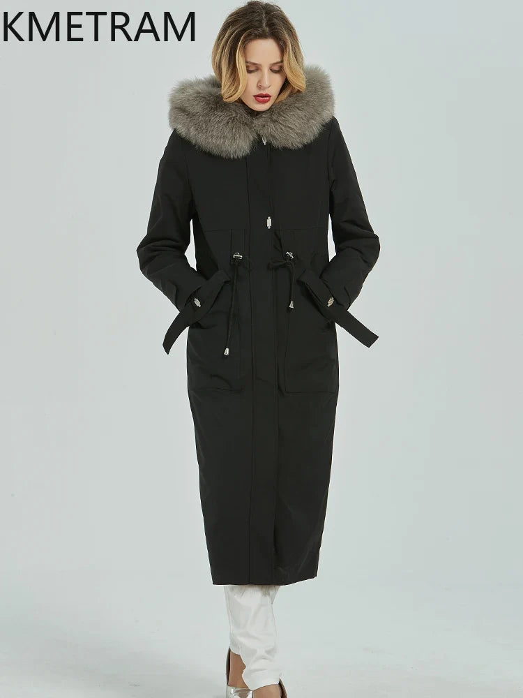 Langer Winterparka Damen Schwarz mit Kapuze und Fellimitat-Futter