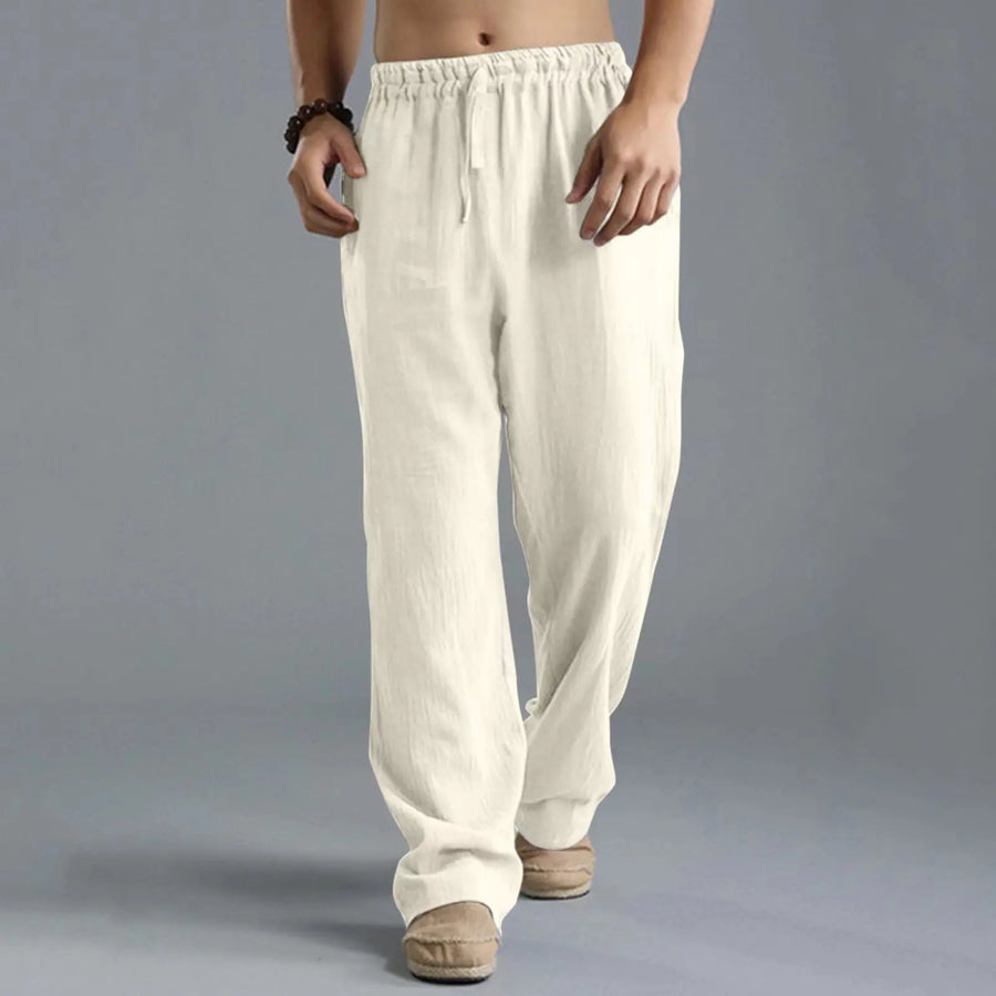 Uniseks linnenbroek met wijde pijpen, comfortabele vrijetijdsbroek, beige