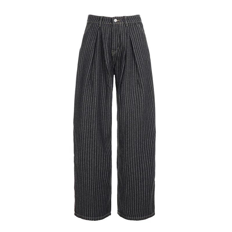 Damen Baggy Hose mit weitem Bein und Nadelstreifen Schwarz