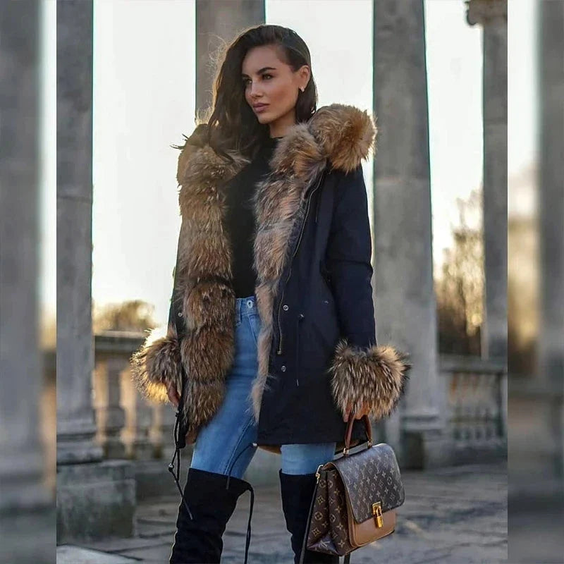Damen Parka Jacke mit Kapuze und Fellimitatbesatz olivgrün