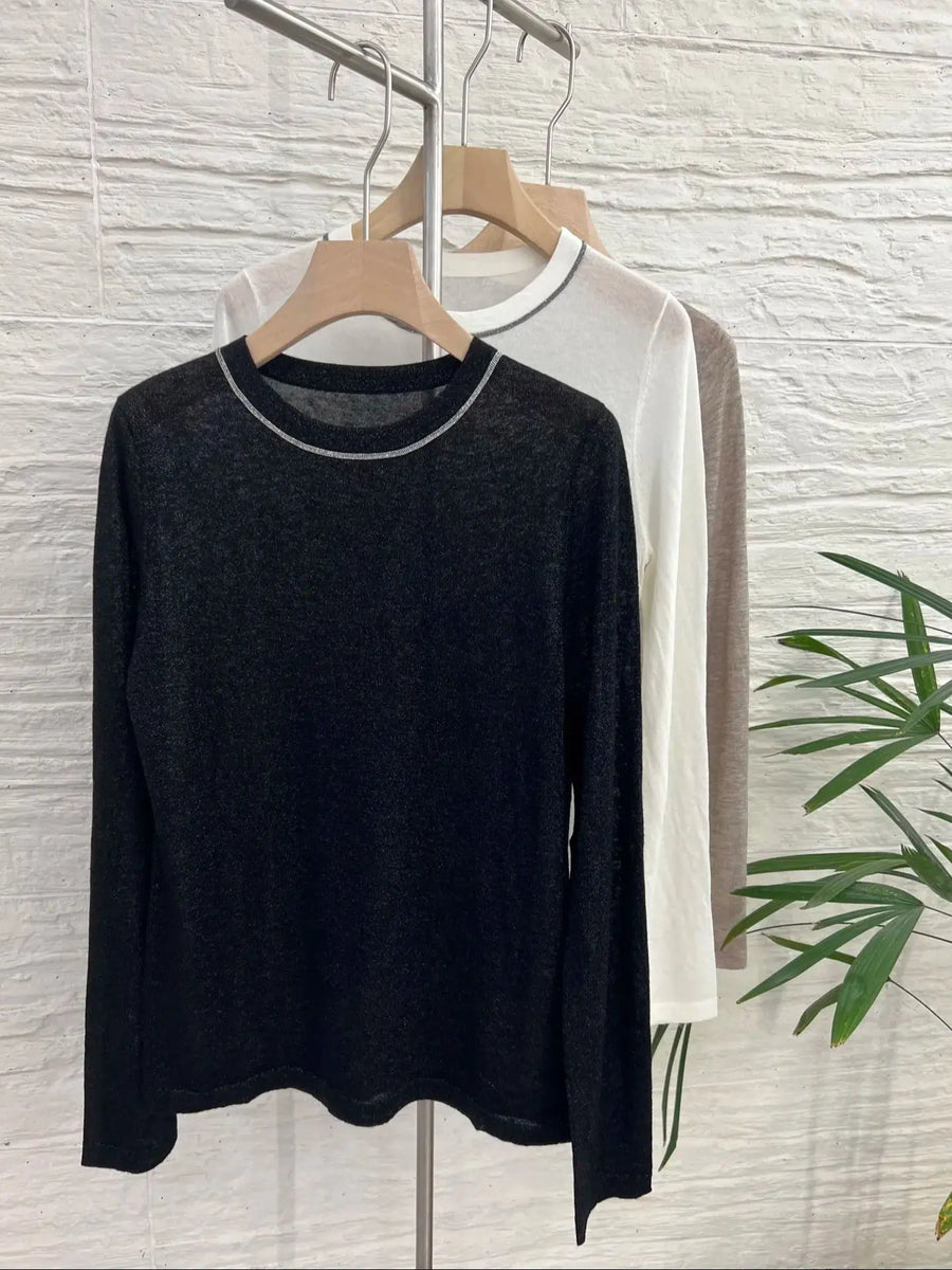 Dames shirt met lange mouwen en ronde hals, grijs, zwart en wit, met contrasterende naden