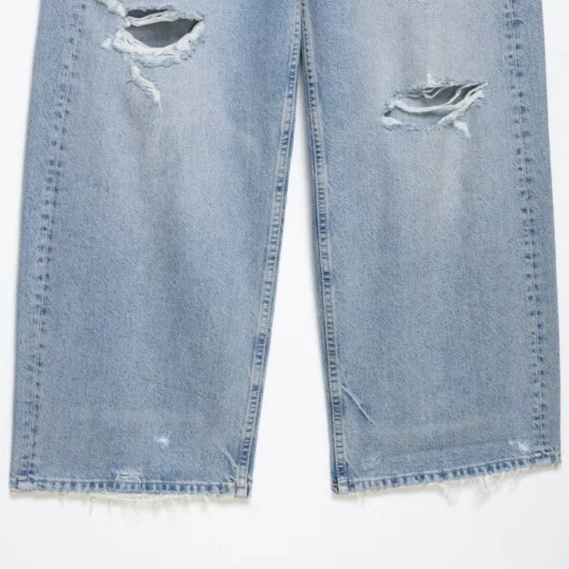 Jeans voor dames, wijde pasvorm, lichte wassing, destroyed look