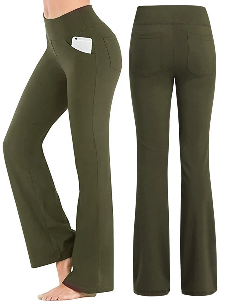 Damen Bootcut Yoga Hose mit hoher Taille und Seitentaschen - Gemütliche Freizeithose