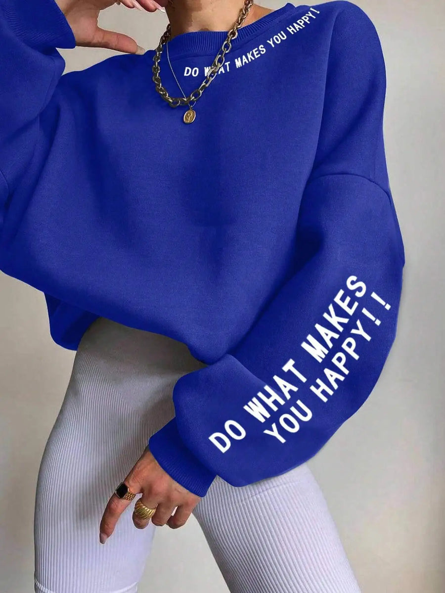 Damen Sweatshirt mit Spruch Print – Rundhals Langarm Oversized Pullover
