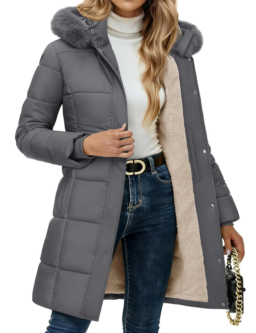 Damen Winter Steppjacke lang gefüttert mit Kapuze und Fellimitat in Weiß