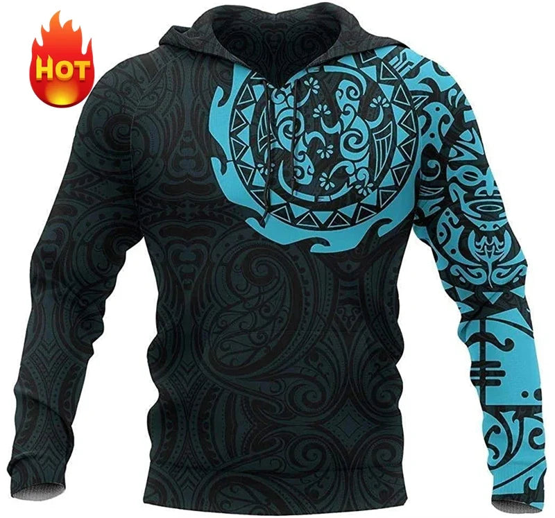 Unisex hoodie met capuchon en tribaal patroon in blauw/zwart