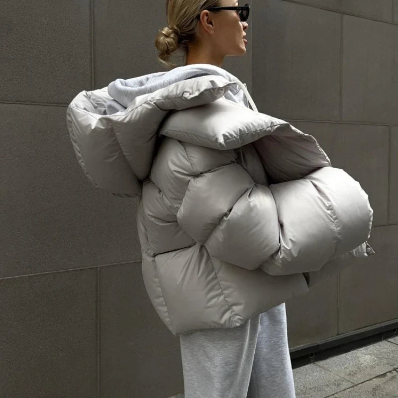 Damen Pufferjacke mit Kapuze, kurz geschnitten, uni