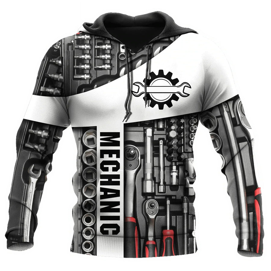 Kapuzenpullover Herren Hoodie Mechaniker-Design Motor Kolben Werkzeug Schwarz Grau
