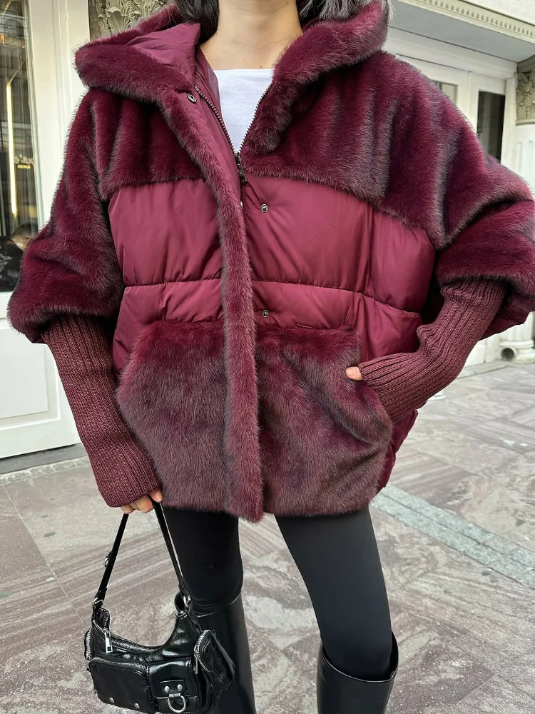 Damen Oversized Hybrid Jacke mit Kapuze, Teddyfell & Stepp-Optik