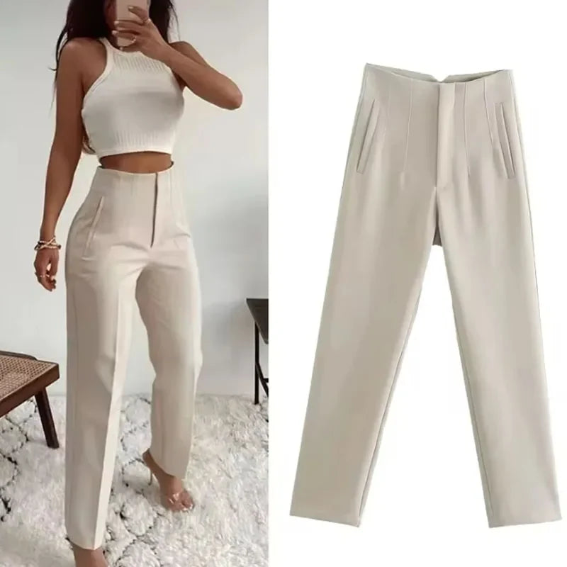 Damen High-Waist Stoffhose mit Falten-Detail und geradem Bein, Business & Freizeit