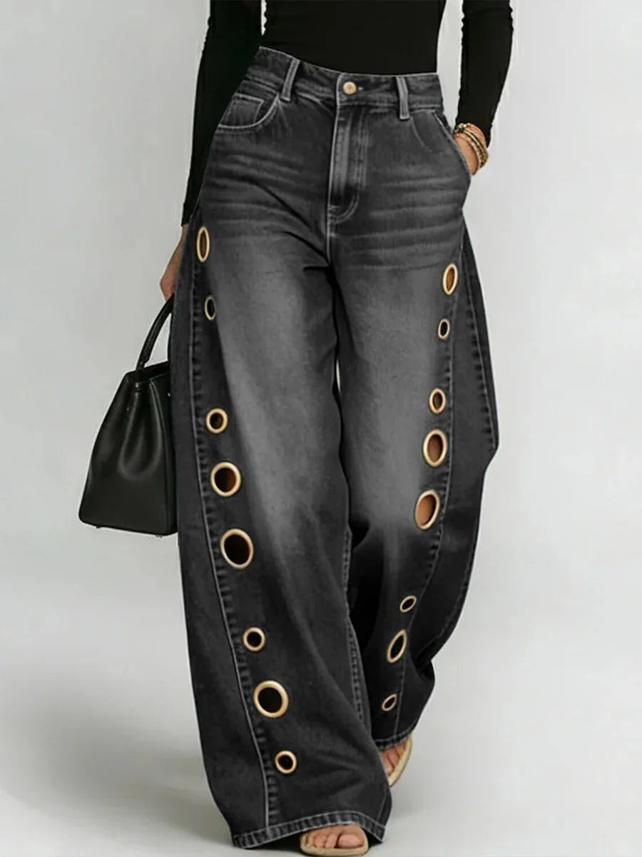 Damen Weite Jeans mit Ösen - Locker geschnitten, Hoher Bund