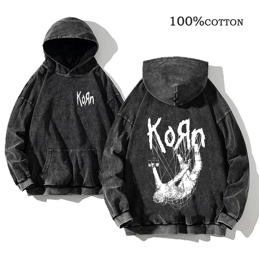 Korn Band Hoodie Unisex Washed Schwarz Kapuzenpullover Oversize