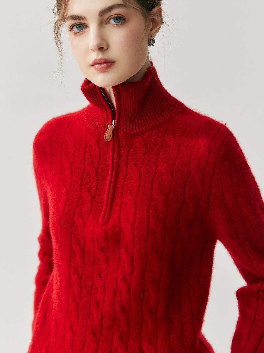 Damen Strickpullover Zopfmuster Halb-Reißverschluss Rollkragen