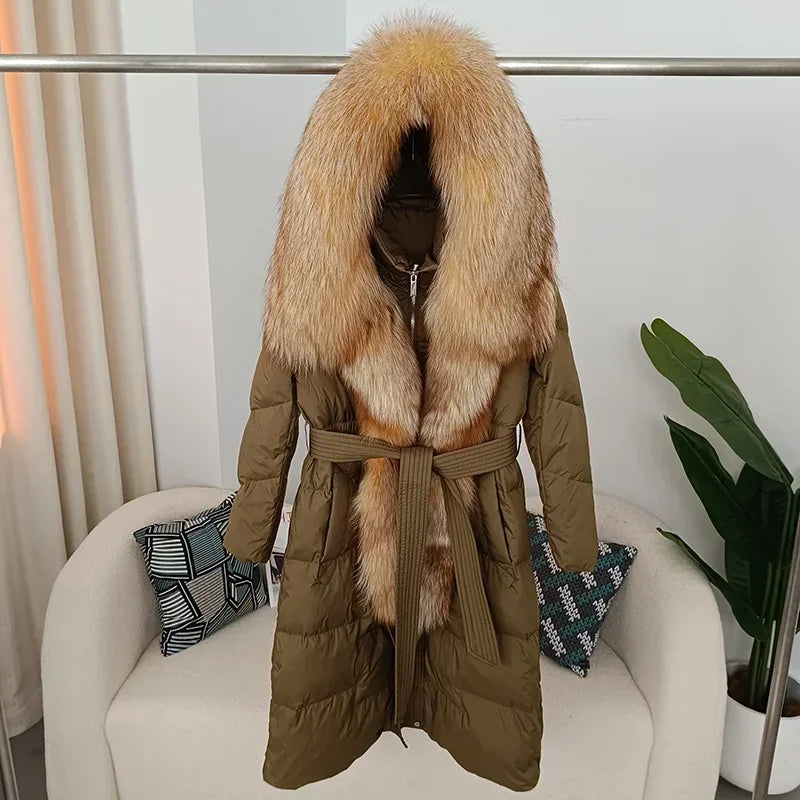 Damen Winter Steppmantel Lang mit Kapuze und Kunstpelzbesatz Gürtel