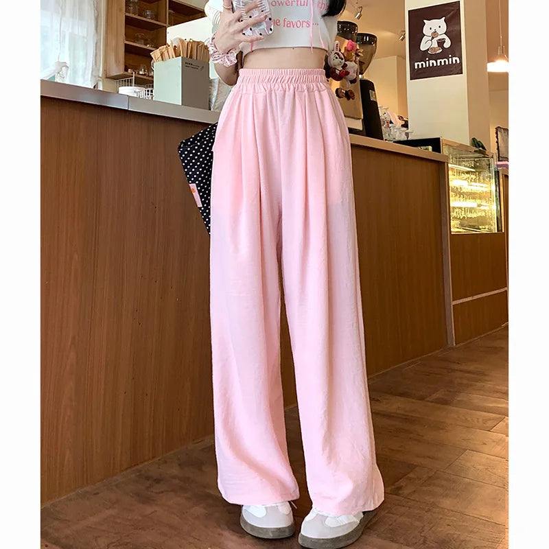 Wijde damesbroek met hoge taille en elastische tailleband - in verschillende kleuren