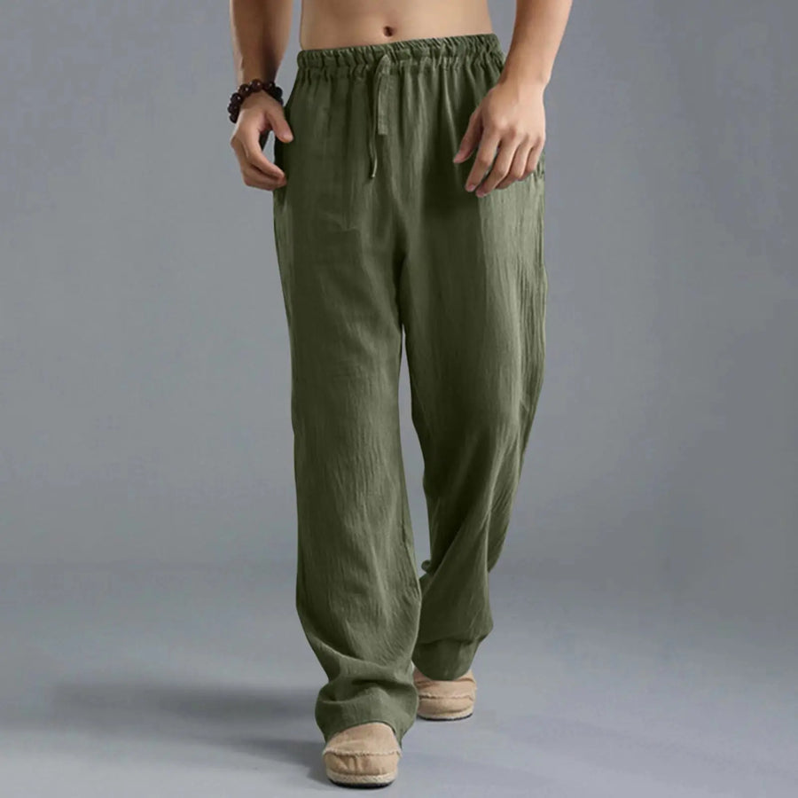 Uniseks linnenbroek met wijde pijpen, comfortabele vrijetijdsbroek, beige