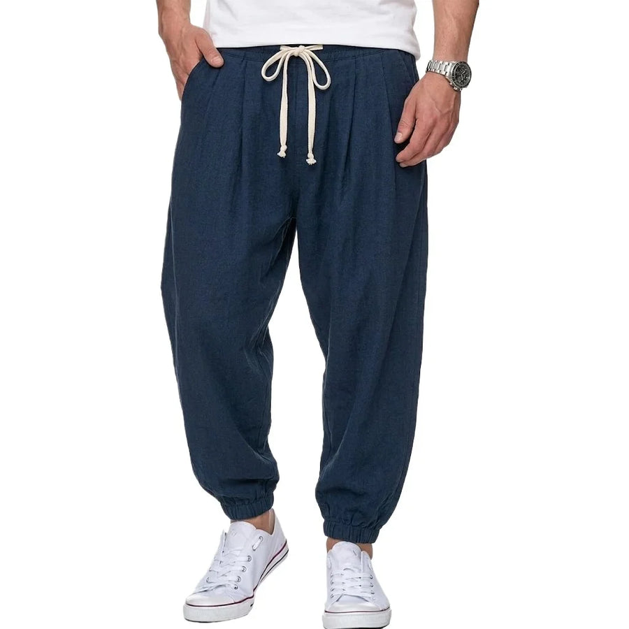 Vrijetijdsbroek voor heren in linnenlook, losse pasvorm, elastische tailleband