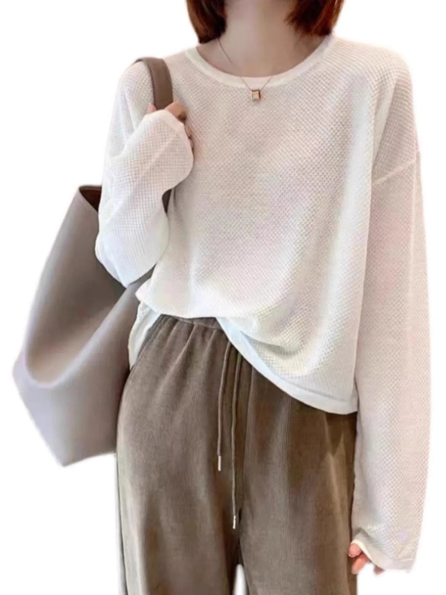 Damesshirt met lange mouwen, ronde hals, structuurpatroon, losse pasvorm