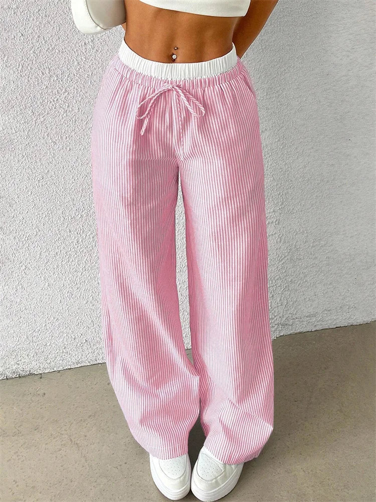 Dames gestreepte broek met wijde pijpen, elastische tailleband, trekkoord en geplooide look
