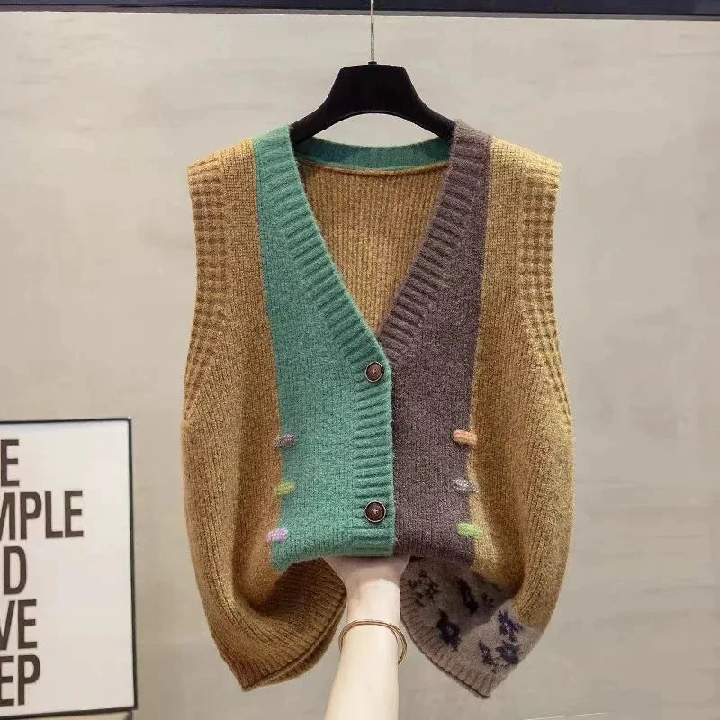 Gebreid damesvest met V-hals, mouwloos en color-block