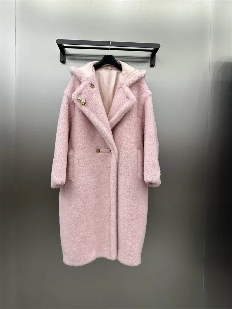Damen Teddyfell Mantel mit Kapuze und Handschuhen, mittellang, Winter