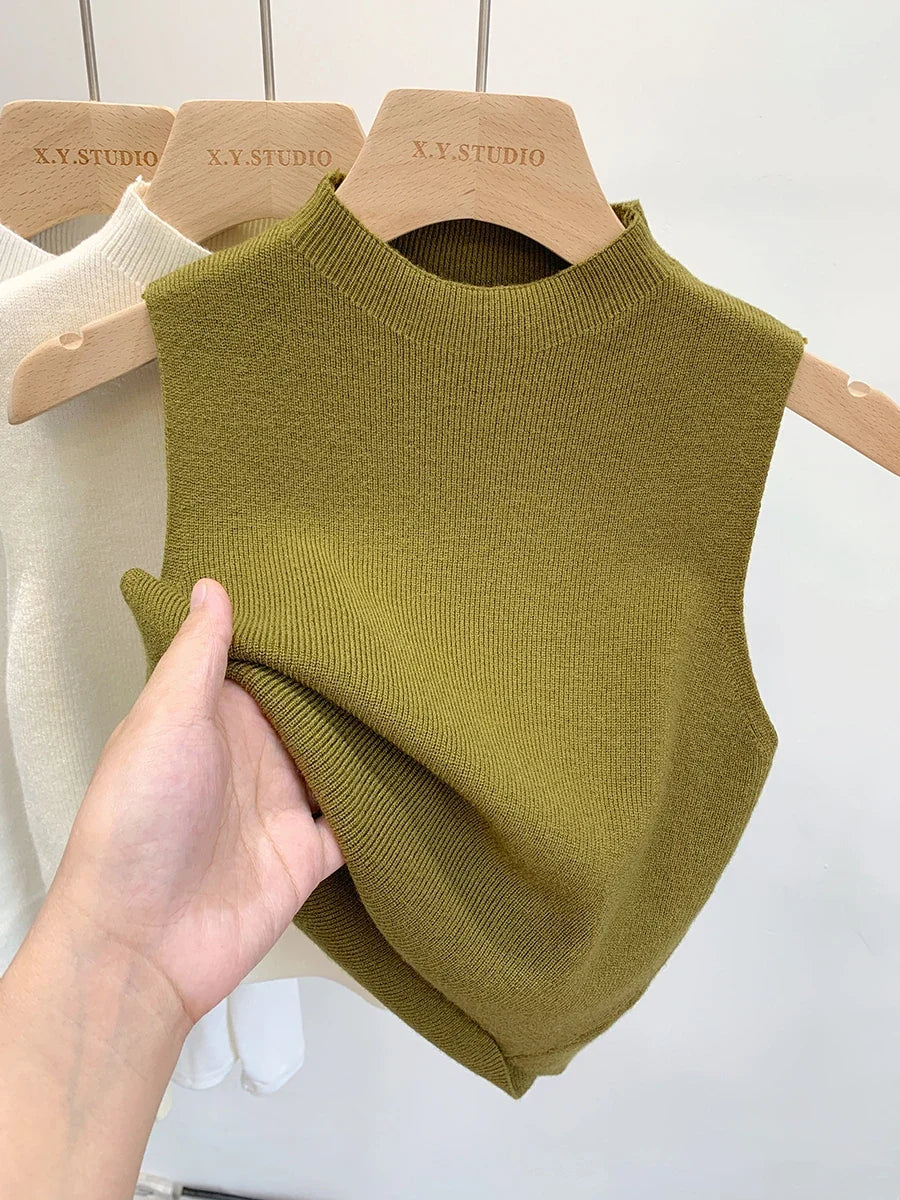 Geripptes Stricktop Ärmelloser Mock-Neck Pullunder Damen