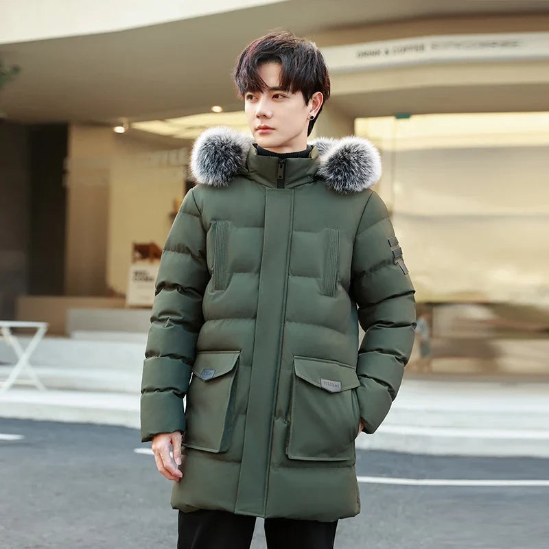 Herren Winterparka mit Kapuze Pelzbesatz Gepolsterte Lange Jacke