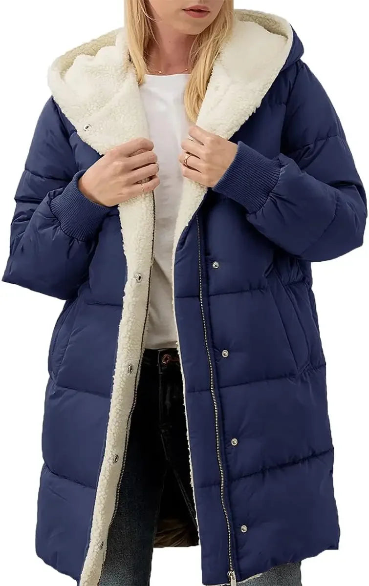 Damen Langer Steppmantel mit Kapuze und Teddyfutter, Winter Warme Jacke