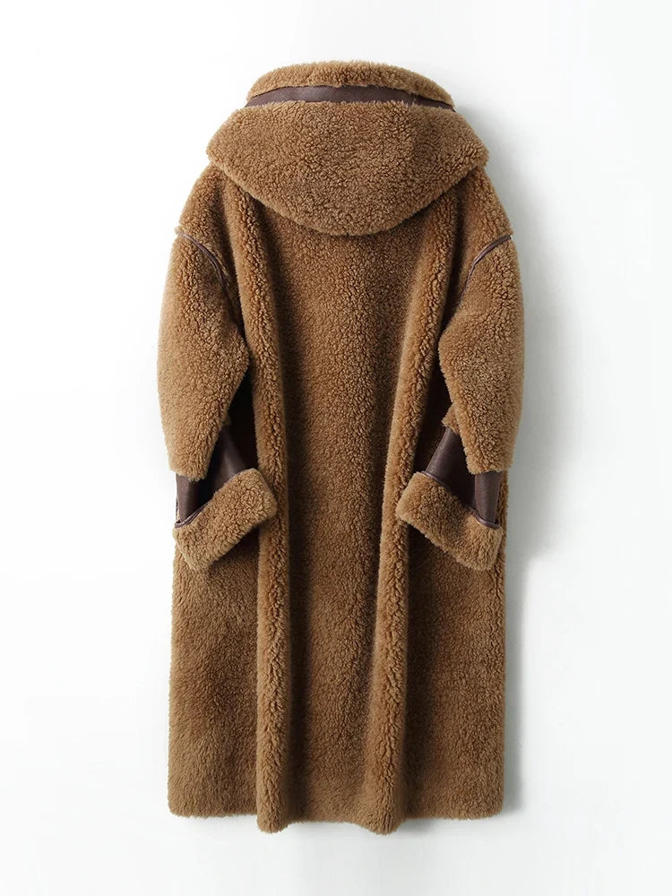 Lange dames teddyjas met capuchon, zachte winterjas in bruin