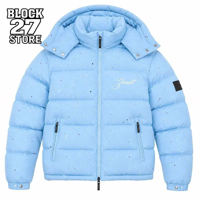Gesteppte Winterjacke mit Kapuze für Herren, Hellblau mit Farbspritzern