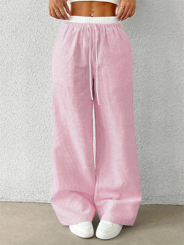 Dames gestreepte broek met wijde pijpen, elastische tailleband, trekkoord en geplooide look