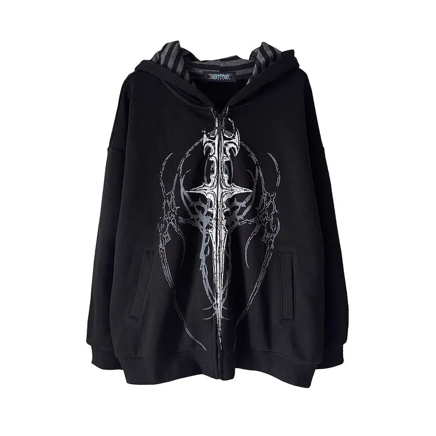 Oversized unisexhoodie met rits en capuchon, met gothic-print