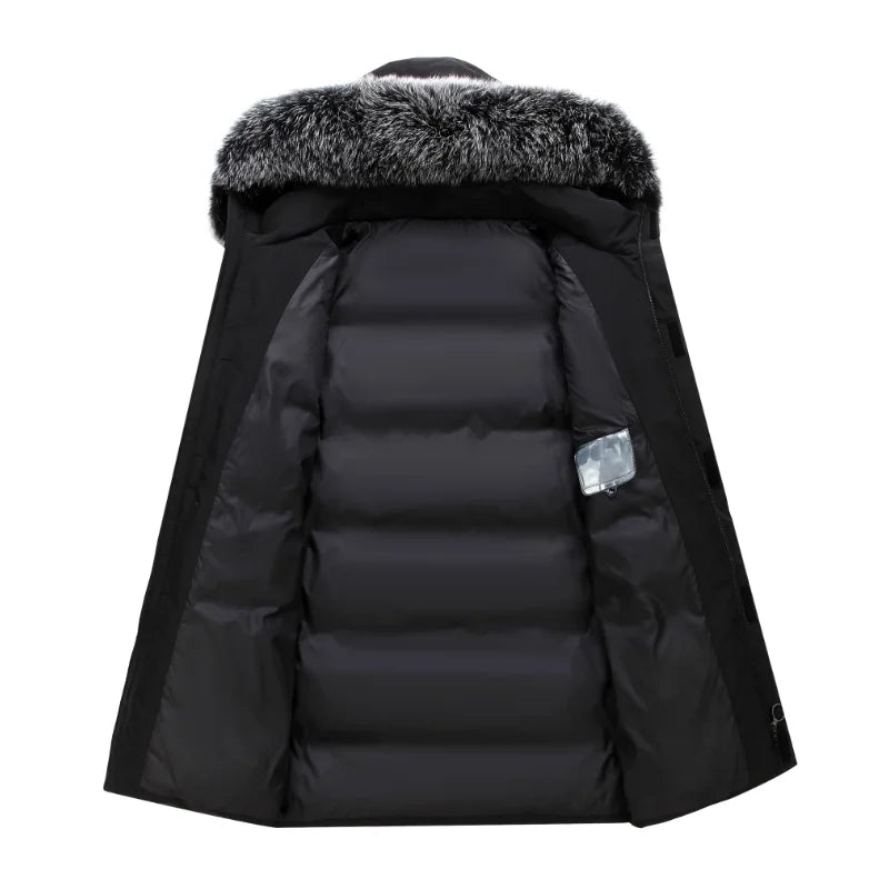 Herren Winter Parka mit Kapuze und Fellimitat-Besatz langer Schnitt