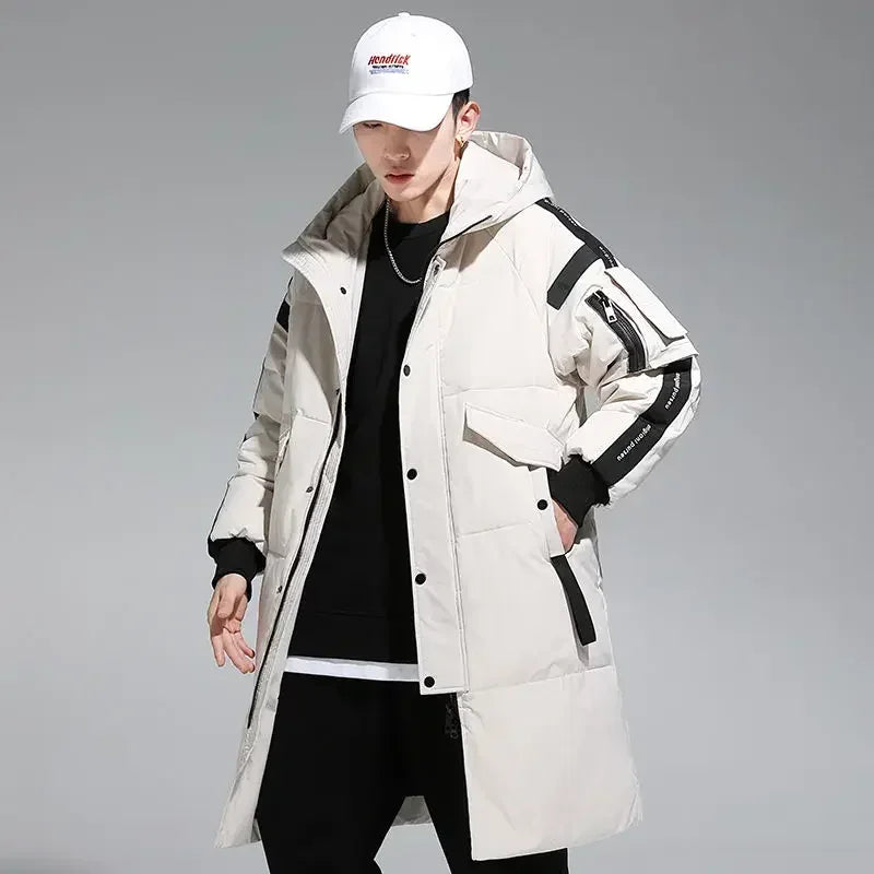 Herren Winter Steppmantel Lang mit Kapuze & Taschen