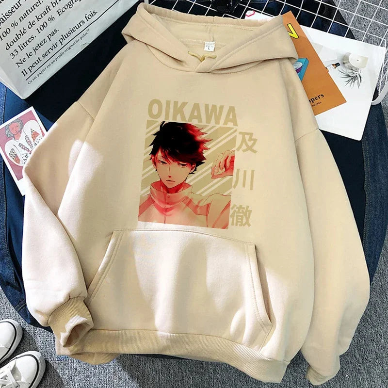 Hoodie met capuchon en anime-motief van de Karasuno Volleyball Club, beige
