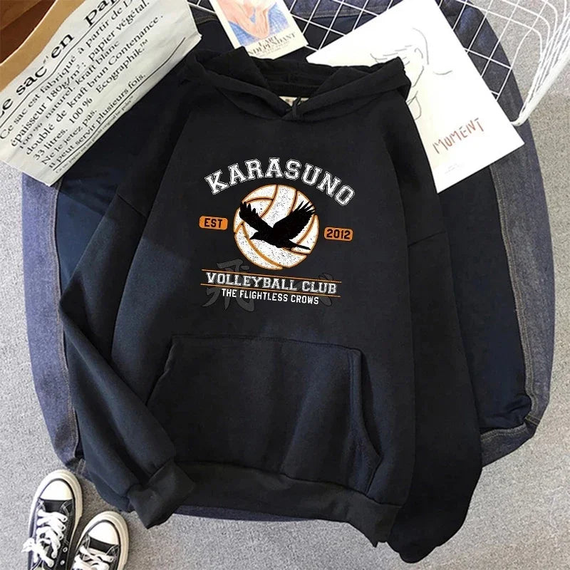 Hoodie met capuchon en anime-motief van de Karasuno Volleyball Club, beige