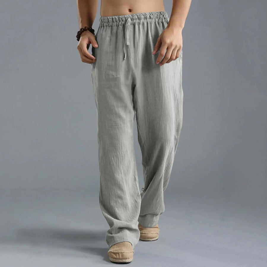 Uniseks linnenbroek met wijde pijpen, comfortabele vrijetijdsbroek, beige