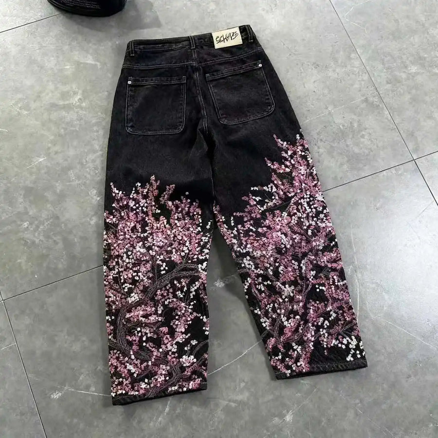 Weite Jeans im Baggy-Stil mit Blumenstickerei für Damen