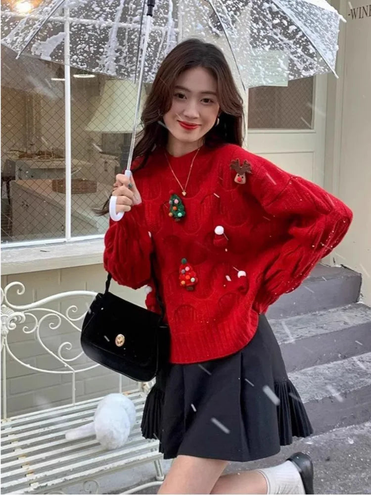 Dames kerstpullover, gebreid, met 3D-applicaties, ronde hals en lange mouwen