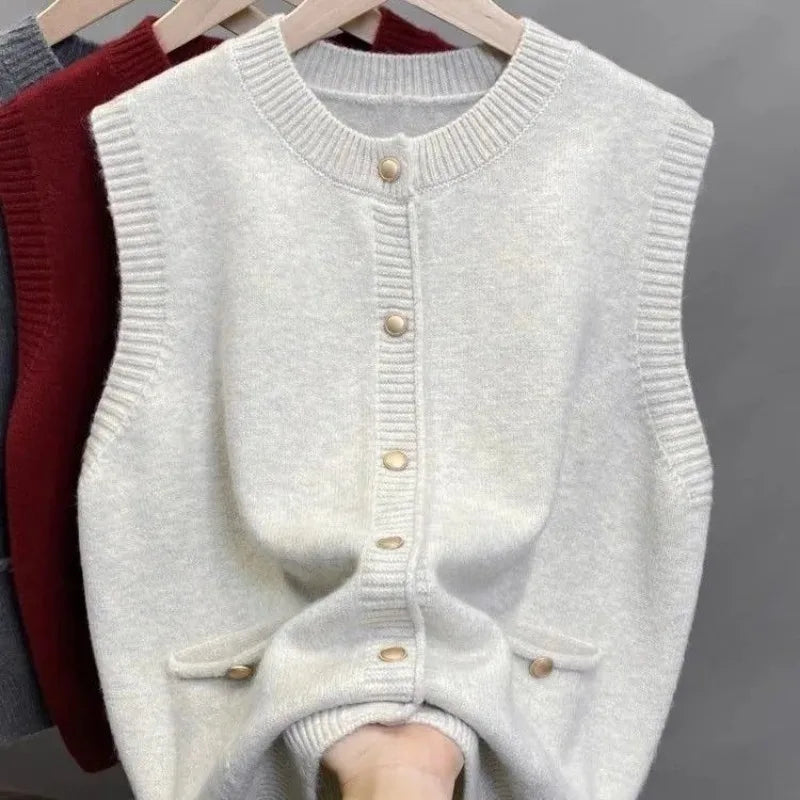 Damen Strickweste Ärmellos mit Knöpfen Rot