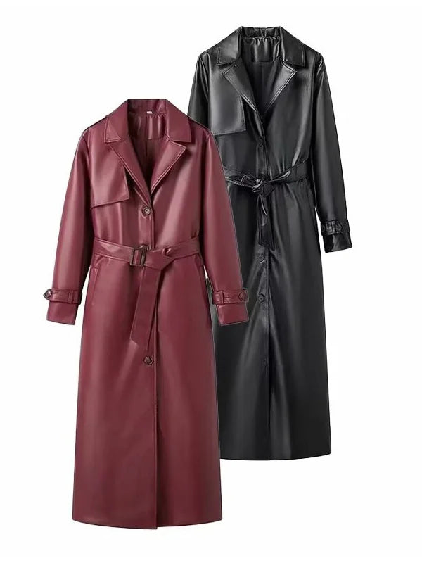 Damen Trenchcoat in Lederoptik mit Bindegürtel Langarm