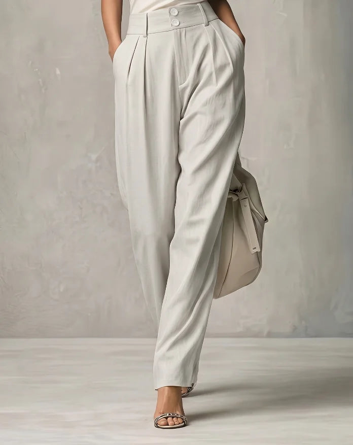 Damen Stoffhose Beige Plissee Weites Bein Hoher Bund