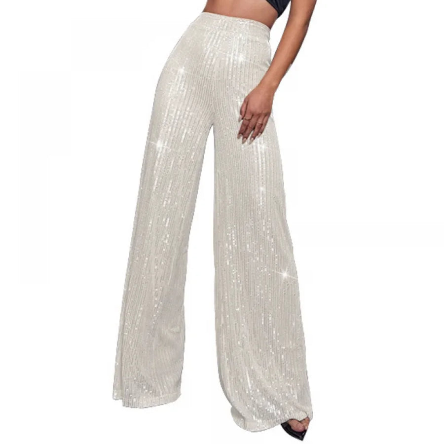 Damen Pailletten Schlaghose Hoher Bund Weites Bein Glitzernde Partyhose