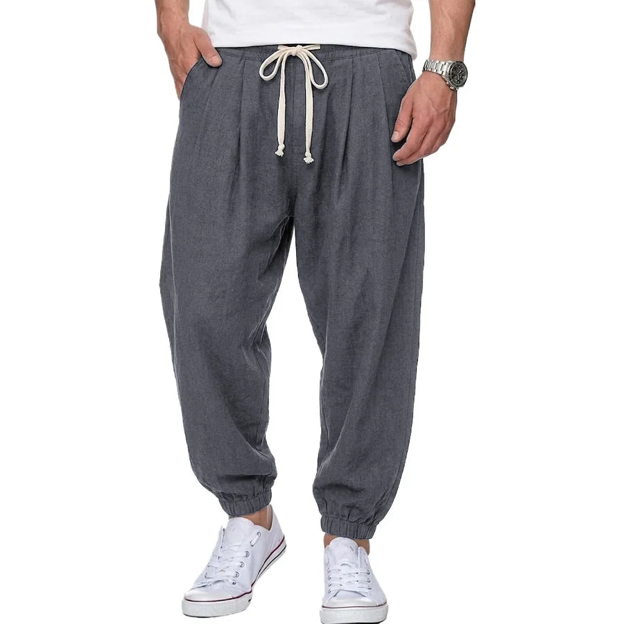 Vrijetijdsbroek voor heren in linnenlook, losse pasvorm, elastische tailleband