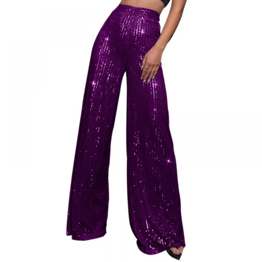 Damen Pailletten Schlaghose Hoher Bund Weites Bein Glitzernde Partyhose