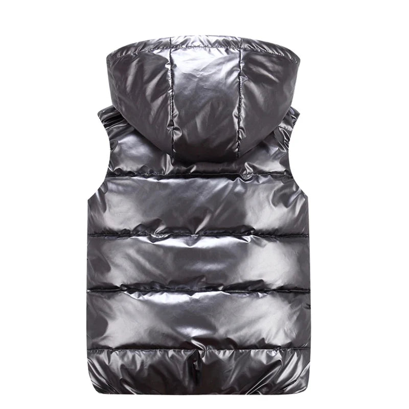 Unisex Steppweste mit Kapuze Glänzend Reißverschluss Daunenlook Freizeit Outdoor