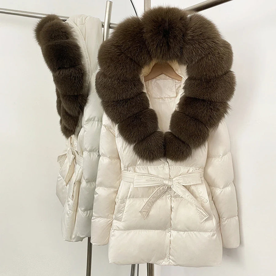 Damen Daunenjacke mit Kunstpelzkragen und Bindegürtel, warme Winterjacke