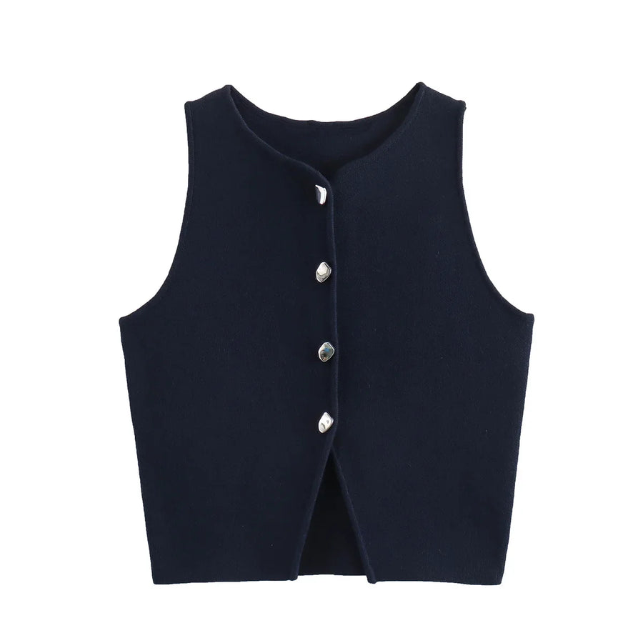 Kort damesvest van gebreid materiaal, zonder mouwen, met knopen