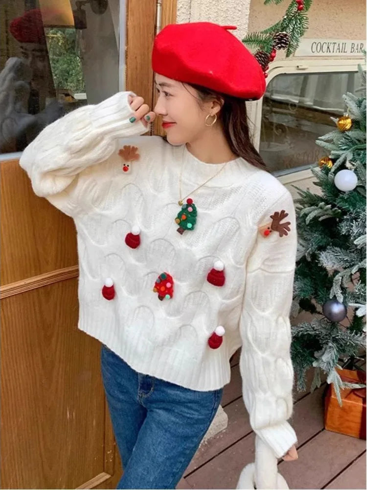 Dames kerstpullover, gebreid, met 3D-applicaties, ronde hals en lange mouwen
