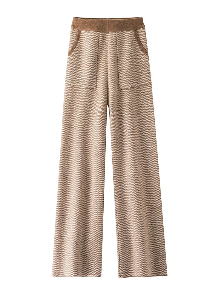 Wijde gebreide broek met visgraatpatroon en elastische tailleband